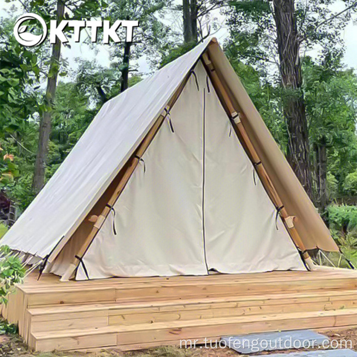 बेज व्हाइट आउटडोअर कॅम्पिंग त्रिकोणी चलेट तंबू